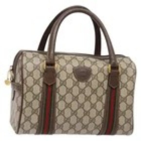 GUCCI GG Supreme Web Sherry Line Boston Bag PVC Beige Gold Auth 139696 - Picture 1 of 16